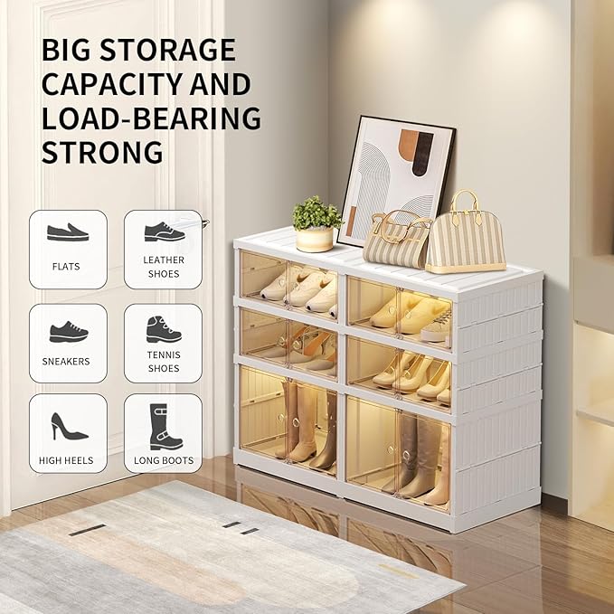 CIMLORD 3-Tier Foldable Shoe Rack Organizer for Closet 12Pairs Plastic Shoe Shelf Collapsible Shoes Storage Box Clear Shoe Bo