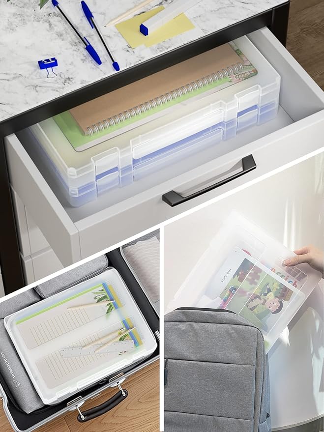 Denkee Large Paper Storage Box, 4 Pack Plastic Scrapbook Paper Storage Organizer with Handle for A4, 8.5 x 11 US Letter, Port