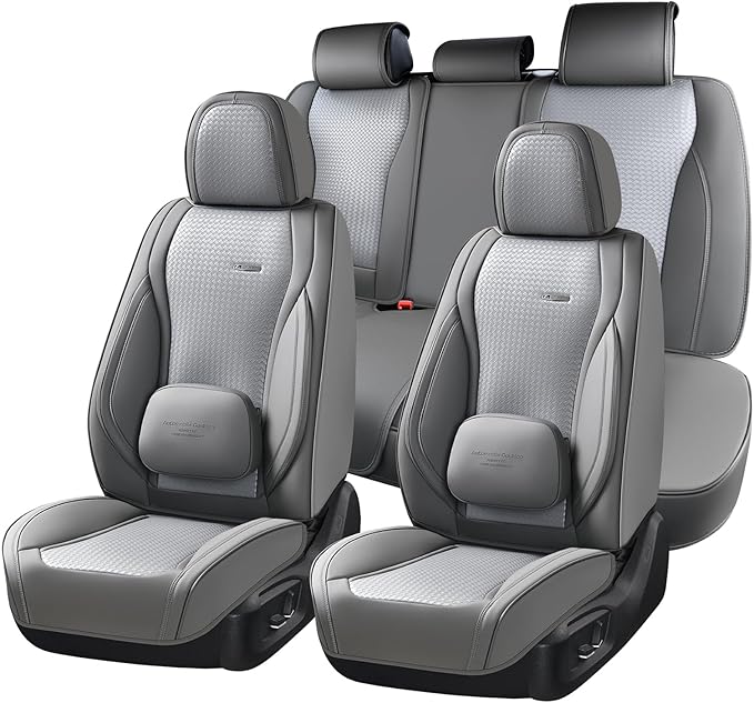 Coverado Car Seat Covers Full Set, Gray Seat Covers for Cars, Waterproof Nappa Leather Automotive Seat Covers with Lumbar Hea