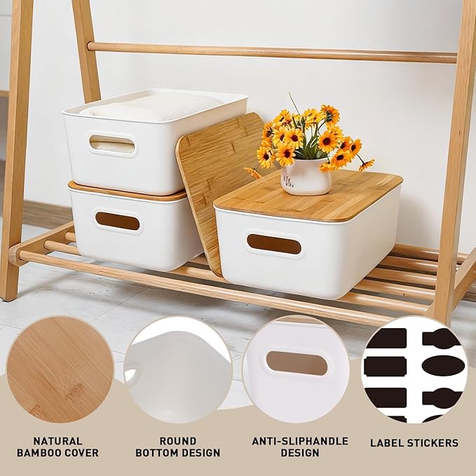 Citylife Storage Bins with Bamboo Lids 16QT Plastic Storage Containers Stackable Organizer Boxes with Handle for Desk Snacks,