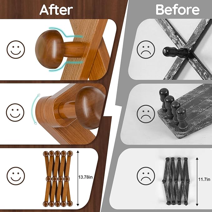 WGFKVAS Hat Rack for Wall with 14 Hooks, Solid Wooden, Expandable Coat Rack Wall Mount for Coats, Hats, Bags, Baseball Caps, 