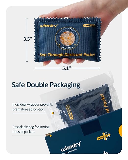 wisedry 100g [5 Packs] See-Through Desiccant Packs for Storage, Reusable Color Indicating Silica Gel Desiccant Packets, Moist