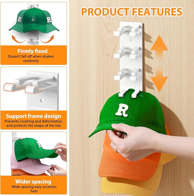 2 Pack Hat Organizer for Baseball Caps, Hat Rack for Wall Hold Up to 16 Hats, Hat Holder with Strong Adhesive and Screws, Hat