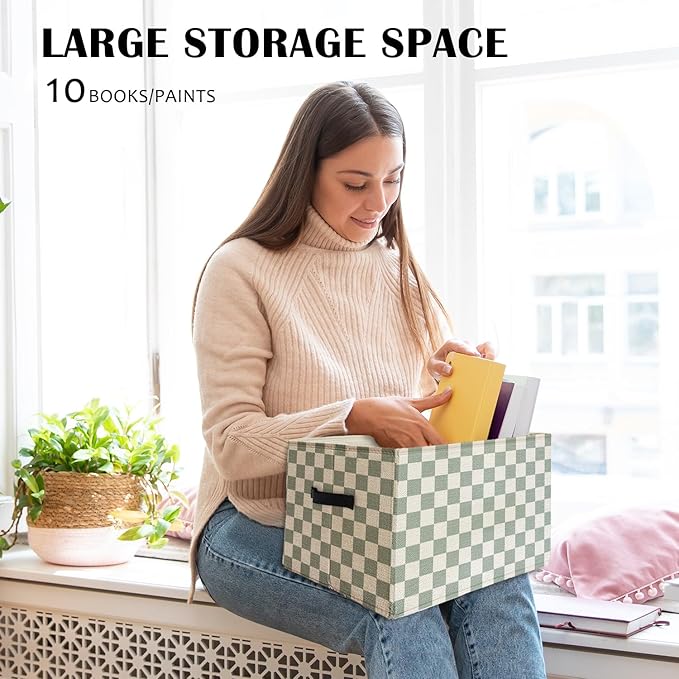 Sage Green Checkered Storage Basket Organizer Bins With Handles,Rectangular Organizing Decorative Storage Basket for Kids,Cut