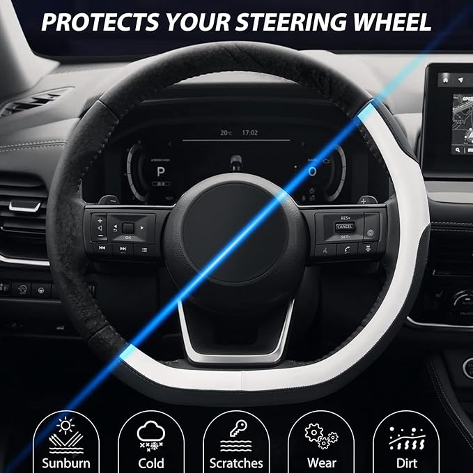 SEG Direct Flat Bottom Steering Wheel Cover, D Shaped Car Wheel Cover 14 1/2-15 in. (37-39 cm), Black White Microfiber Leathe