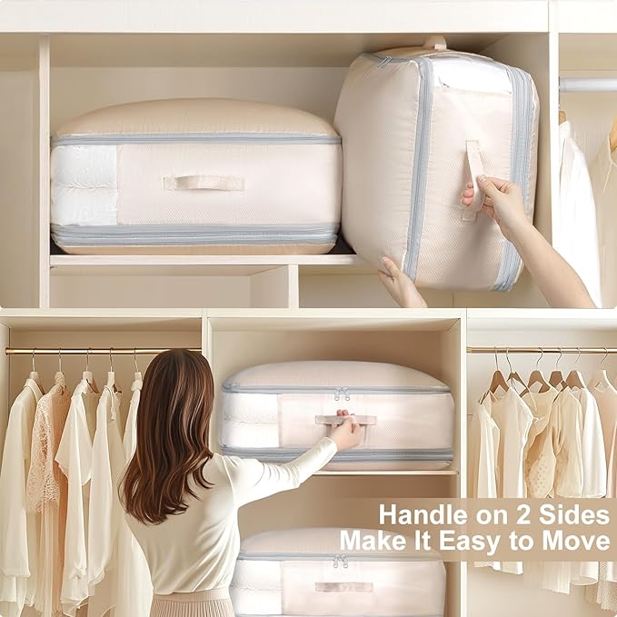 Comforter Storage Bag - Large Capacity Blanket Storage Bags 3-Layer Ultra Space Saving Self Compression Organizer, Washable C
