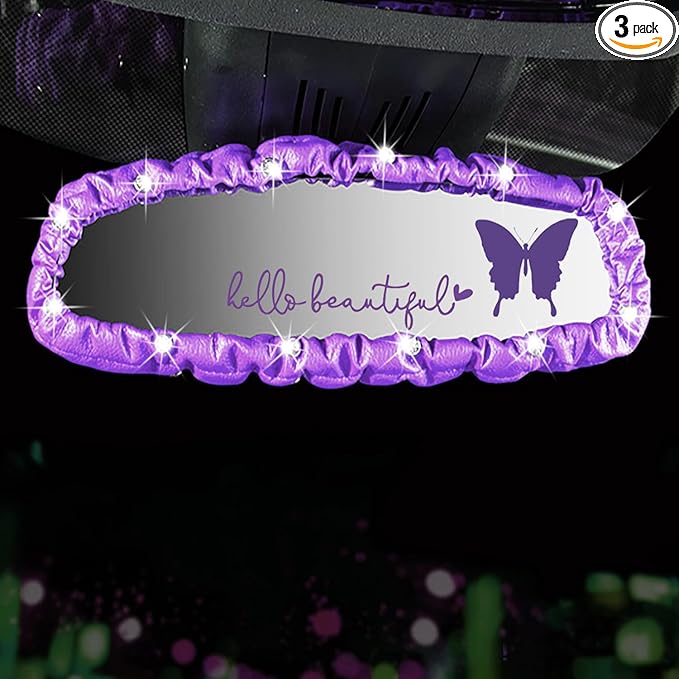 Dotesy 3 PCS Bling Rearview Mirror Cover, Elastic PU Leather Auto Rear View Mirror Protector with Butterfly Car Interior Accessories Universal for Car, SUV, VAN (Purple)