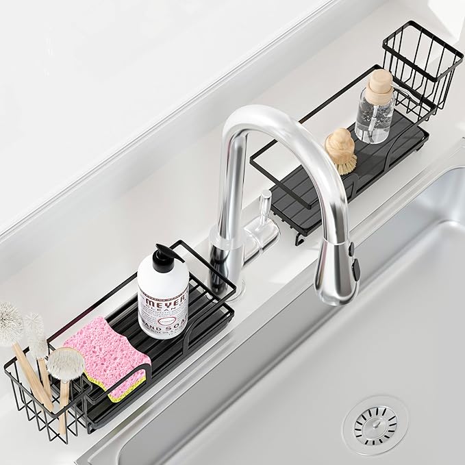 Sponge Holder for Kitchen Sink,Sink Caddy Organizers with Stone Drying Tray, Kitchen Sink Organizer for Sponges, Soap, 9.7" x
