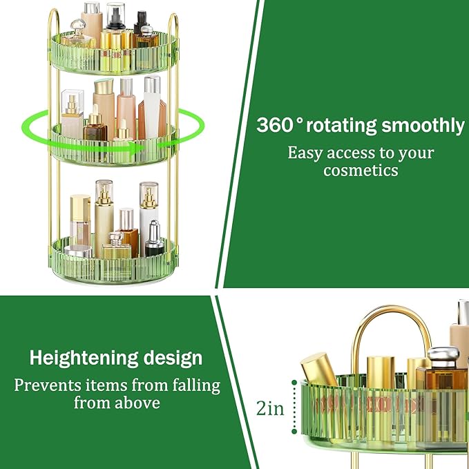 MOKANI 360 Rotating Makeup Organizer for Vanity, 3 Tier Adjustable Perfume Organizer for Dresser, Multi-Function Spinning Cos