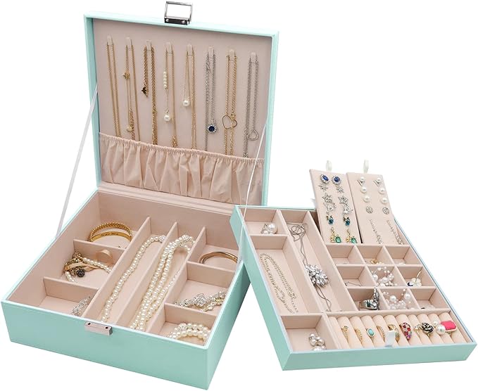 ProCase Jewelry Box for Women, 2 Layers Large Leather Jewelry Organizer Storage Case with Removable Pad for Earrings -Mint