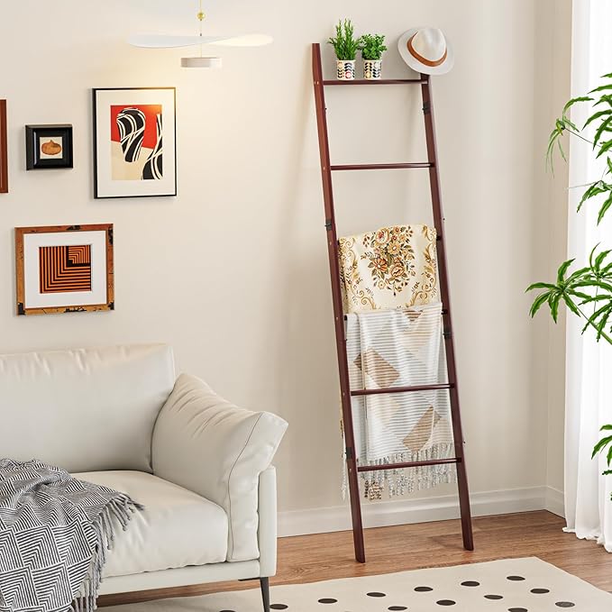 BAMBANG 6-Tier Blanket Ladder for Living Room, Blanket Quilt Ladder Rack Rustic Decorative Towel Holder, Wall Leaning Blanket