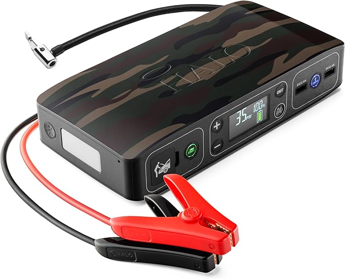 HALO Bolt Air 58830 Portable Car Battery Jump Starter | 100 PSI Air Compressor, 58.8Wh USB Power Bank, Emergency Floodlight