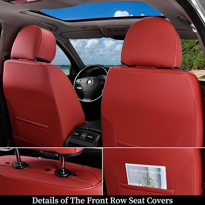 Coverado Car Seat Covers Full Set, Red Seat Covers for Cars 5 Seats, Breathable Fabric& Faux Leather Car Seat Cushions, Front