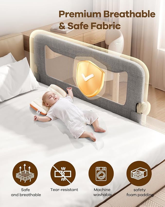 Foldable Bed Rail for Toddlers, 47in Reinforced Carbon Steel Frame&Connectors, Breathable Cationic Fabric, Safety Toddler Bed