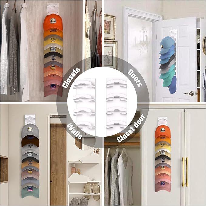 Hat Organizer for Baseball Caps 4Pack, Hat Rack for Wall with Strong Adhesive Hold up to 40 Hats, Hat Hanger Holder Display f