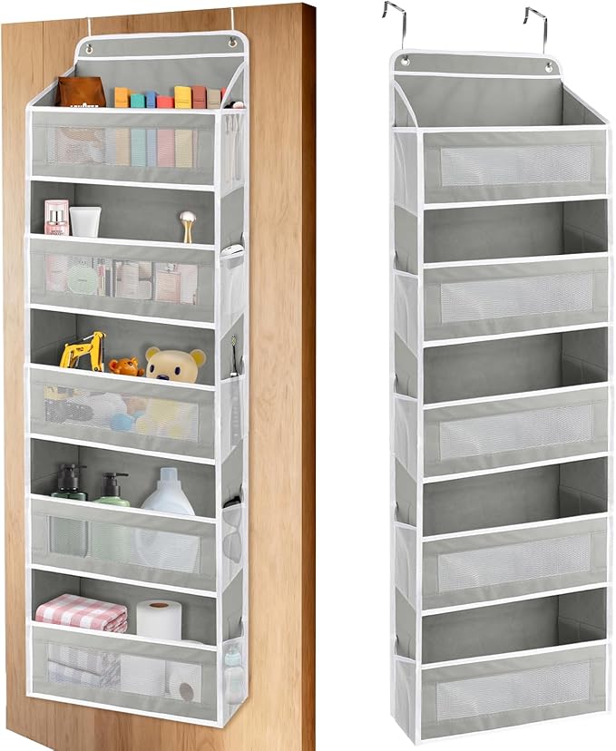 Over The Door Storage Organizer with 5 Extra Large Pockets & Side Mesh Pouches, Hanging Closet Door Organizer for Bedroom, Ba