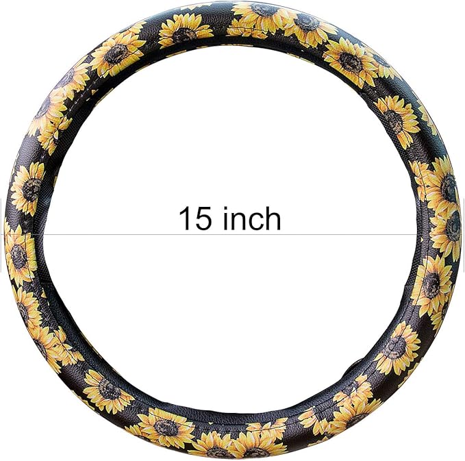 Evankin Sunflower Steering Wheel Cover Cute and Handmade,Leather Universal Steering Wheel Cover 15 inch, Fashionable Boho Sun