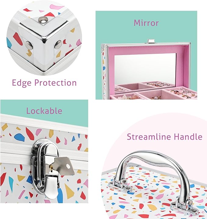 Hododou Girls Jewelry Box Organizer with Drawer & Mirror, Mermaid Tail Style Lockable Storage Case for Kid or Little Girls Je