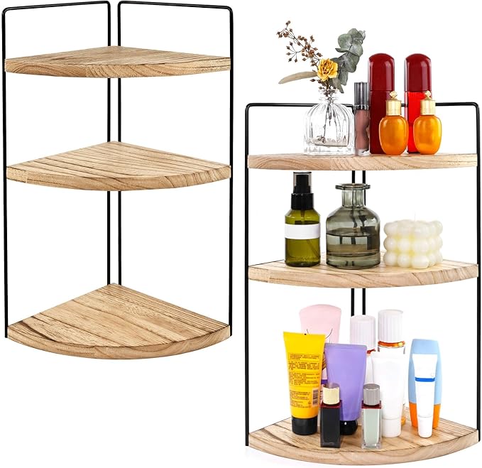 Corner Bathroom Counter Organizer Countertop Brown, 2 Pack 3 Tier Corner Shelf Wood Vanity Tray Easy Assembly Space Saving Sh
