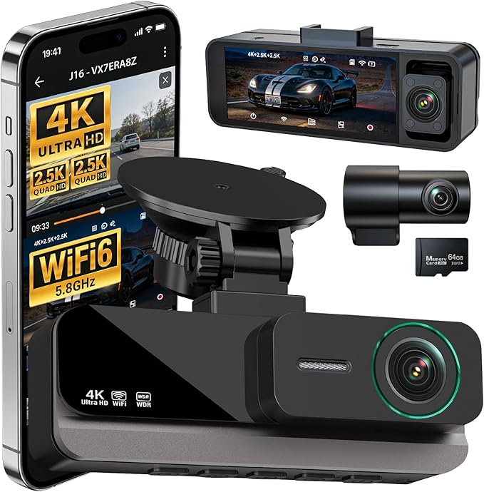 4K+2.5K+2.5K 3 Channel Dash Cam - Front/Rear/Inside - 5.8GHz WiFi 6 Dashcam with IR Night Vision, 64GB Card, 24H Parking Mode