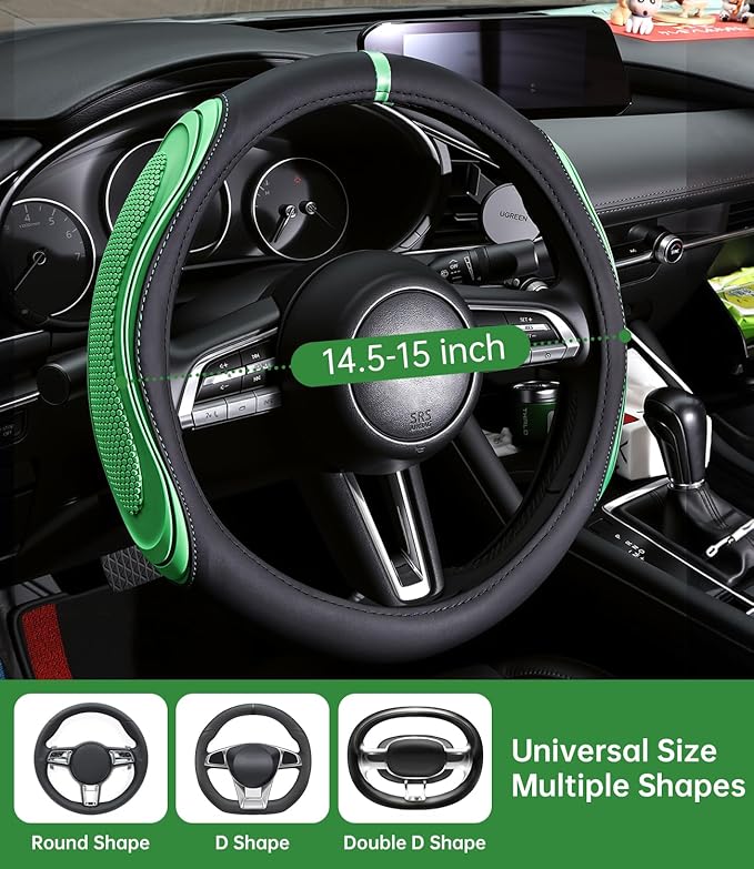 XCBYT Steering Wheel Cover - Green Leather Steering Wheel Wrap Great Grip with 3D Honeycomb Quick and Effortless Installation