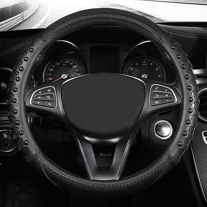 3D Massage Car Steering Wheel Cover,14.5-15 Inch Universal Black Carbon Fibre Leather Covers Breathable Anti-Slip Odorless St