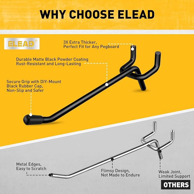 ELEAD 60-Piece 4 Inch Extra Thick Pegboard Hooks, Heavy Duty Peg Board Organizer Accessories, Peg Board Tool Hangers Fit for 