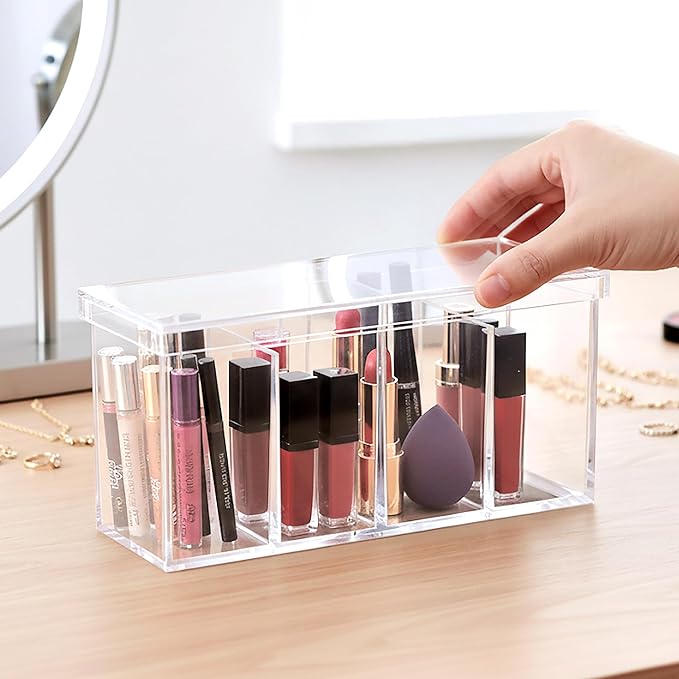 Amazing Abby - Qutie - Acrylic 4-Compartment Makeup Organizer with Lid, Clear Plastic Bathroom Vanity Organizer, Great for Co