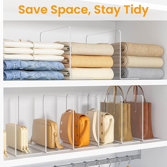 Shelf Dividers for Closet Organization – Acrylic Clear Sturdy Dividers to Keep Clothes, Sweaters & Purses Upright, Free-Stand