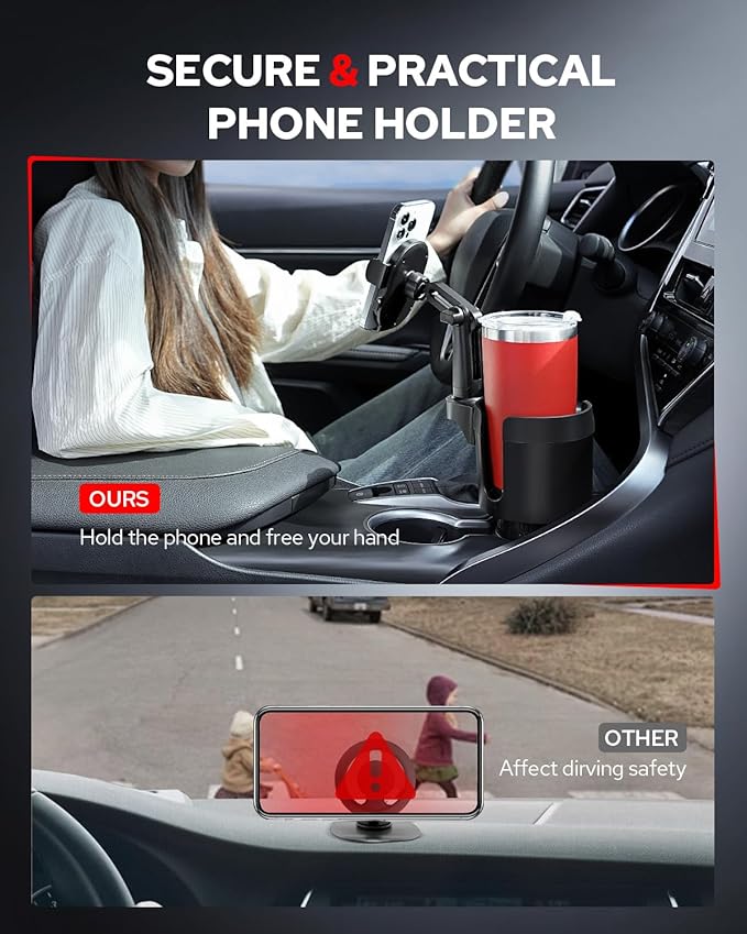 Benlari Upgraded Car Phone Holder - 2 in 1 Adjustable Cup Holder Expander Support 360° Degree Rotation - Car Cup Holder Phone Mount Compatible with All Smartphones