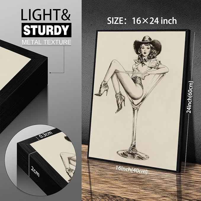 Vintage Western Black Framed Wall Art Coquette Cowgirl Martini Posters Prints 16x24 in Retro Bar Cart Cocktail Artwork Aesthe