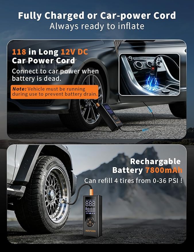 Tire Inflator Portable Air Compressor, Air Pump for Car Tires, 7800 mAh Battery, 12V DC, 150 PSI, 40L/min Air Flow, Fast Inflation, Portable air pump for MPV, SUV, Car, Motorcycle, Bike, Ball