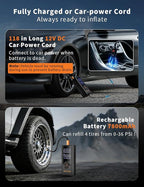 Tire Inflator Portable Air Compressor, Air Pump for Car Tires, 7800 mAh Battery, 12V DC, 150 PSI, 40L/min Air Flow, Fast Inflation, Portable air pump for MPV, SUV, Car, Motorcycle, Bike, Ball
