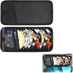 Sun Visor CD Holder, 12-Capacity Car Visor Organizer with DVD Sleeves and Mesh Pocket, Universal Visor Storage for Vehicle CD Case and Pen Holder Ergonomic Design (Black 2 Pcs)