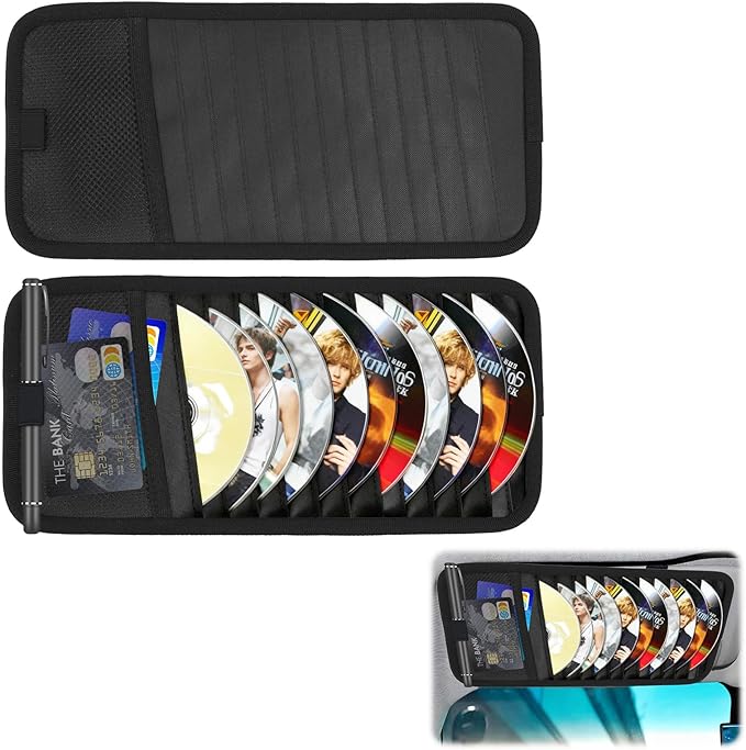 Sun Visor CD Holder, 12-Capacity Car Visor Organizer with DVD Sleeves and Mesh Pocket, Universal Visor Storage for Vehicle CD Case and Pen Holder Ergonomic Design (Black 2 Pcs)