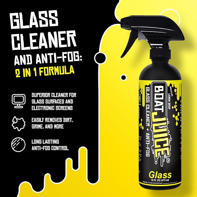 Boat Juice 2in1 Glass Cleaner & Anti-Fog Spray | Streak-Free for Boat Windshields, Car & RV Windows, Navigation Screens | No 