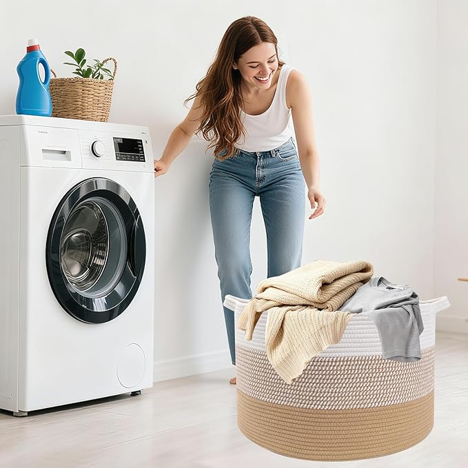 115L Large Blanket Basket,23.6"L x 23.6"W x 15.7"H Rope Woven Baskets with Handles, Toys Storage Bins,Laundry Basket Perfect 