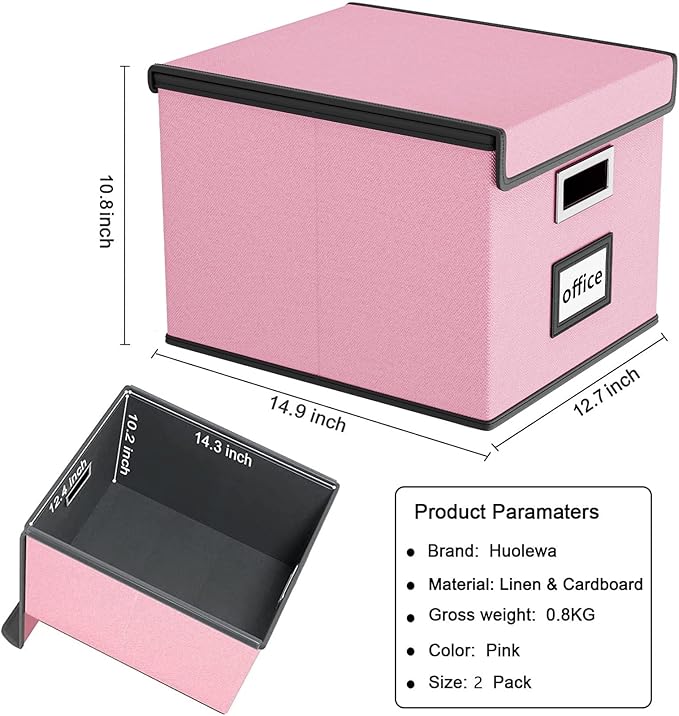 Huolewa Collapsible File Storage Organizer Boxes with Lids, Linen Document Storage, Universal Hanging Filing Organization Box