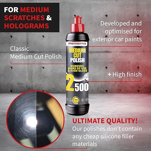 menzerna Medium Cut Polish 2500" I Abrasive Polishing Compound for Medium Scratches and Signs of Use I Buffing and Polishing Compound for Scratch Repair & a Glossy Finish I Silicone Free I 8 fl oz.