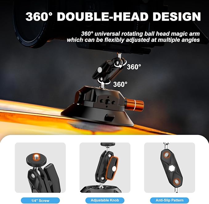 COMAN 3'' Suction Cup Camera Mount with Ball Head Magic Arm, Metal Camera Suction Mount for Action Cameras iPhone, Quick Release Car Mount with 1/4" & 3/8" Mounting Holes for Car Windshield Window