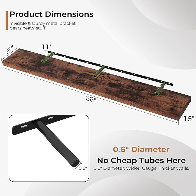 Fun Memories 66 Inch Fireplace Mantel Shelf with Invisible Bracket, 8 Inch Deep Floating Shelf for Living Room, Kitchen, Farm
