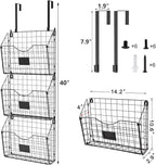 X-cosrack 3-Tier Hanging Wall Files Rack with Door Hooks and 6pcs S Shape Hooks, Over the Door File Organizer &Mounts on Wall
