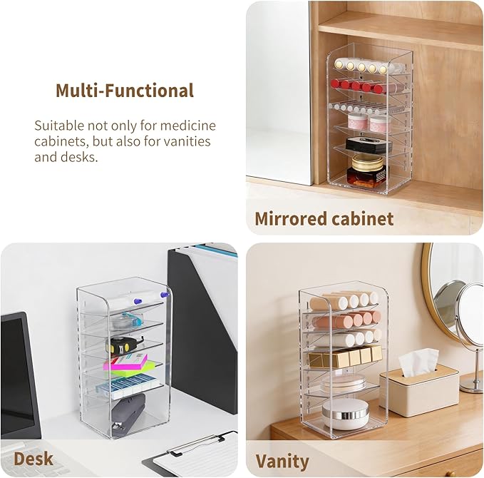 PAVSTINE Medicine Cabinet Organizer with Adjustable Dividers, Clear Vertical Layered Backward Slanting Shelves for Pressed Po
