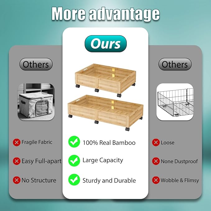 Wood Under Bed Storage Containers Underbed Organizer with Wheels Sturdy Wood Rolling Under Bed Shoe Storage Organizer 2 Packs