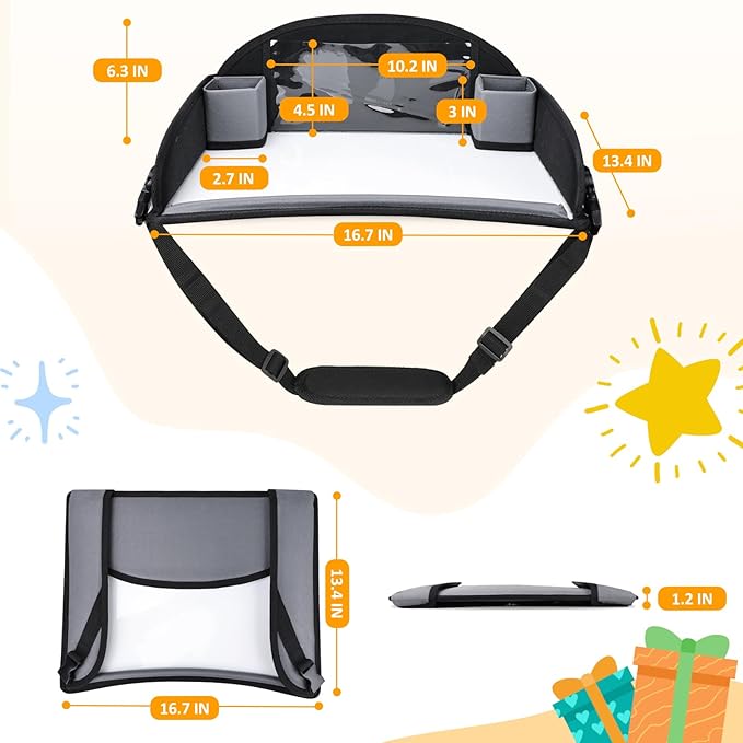 Kids Travel Tray for Toddler Carseat, Road Trip Activities Essentials for Toddler, Kids Lap Desk Tray with Tablet Holder Stand ＆ Dry Erase Board (Grey)