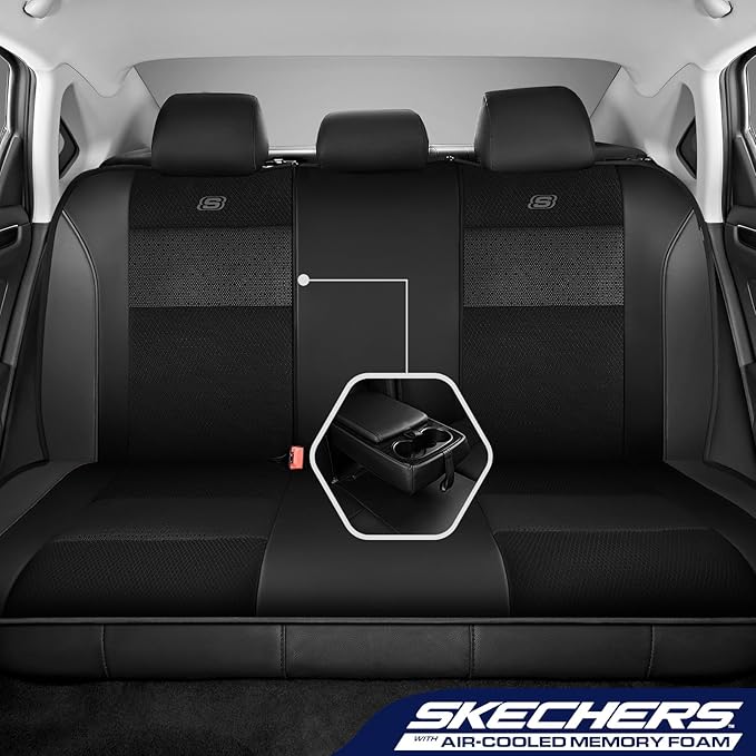 Skechers Aircooled & Memory Foam Seat Covers,Premium Leather with EVA Mesh Car Seat Covers,Seat Cover Full Sets,Airbag Compat