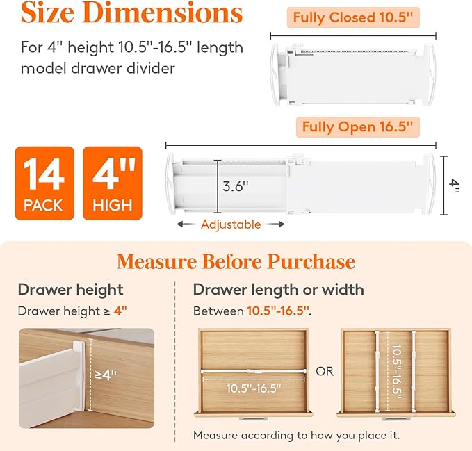 Lifewit 4" Tall 14 Pack Drawer Dividers, 27-42cm/10.5-16.5" Expandable Drawer Divider for Clothes, Adjustable Dresser Drawer 