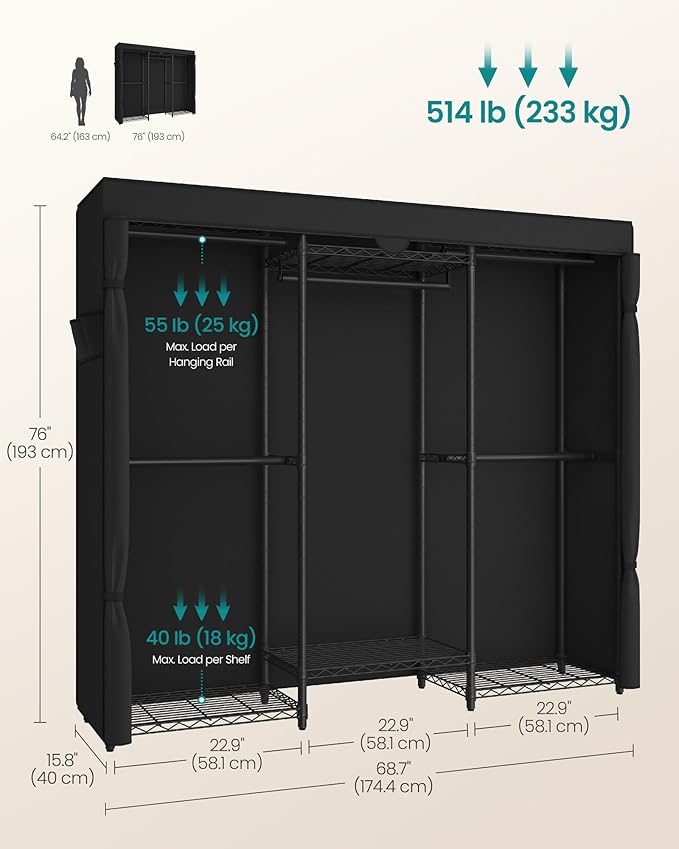 SONGMICS Heavy-Duty Clothes Rack, Garment Rack, Portable Closet, 68.7-Inch Wide Clothing Rack with Adjustable Mesh Shelves an
