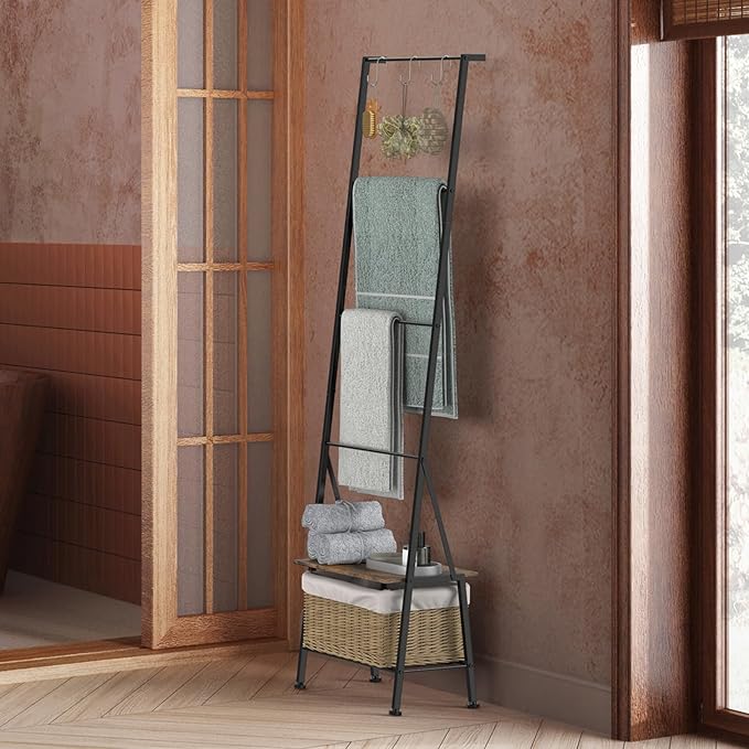 Blanket Ladder Towel Rack with Storage Shelf and Hooks, Decorative Scarf Rack, Throw Blanket Holder Ladder Shelves for Bathro