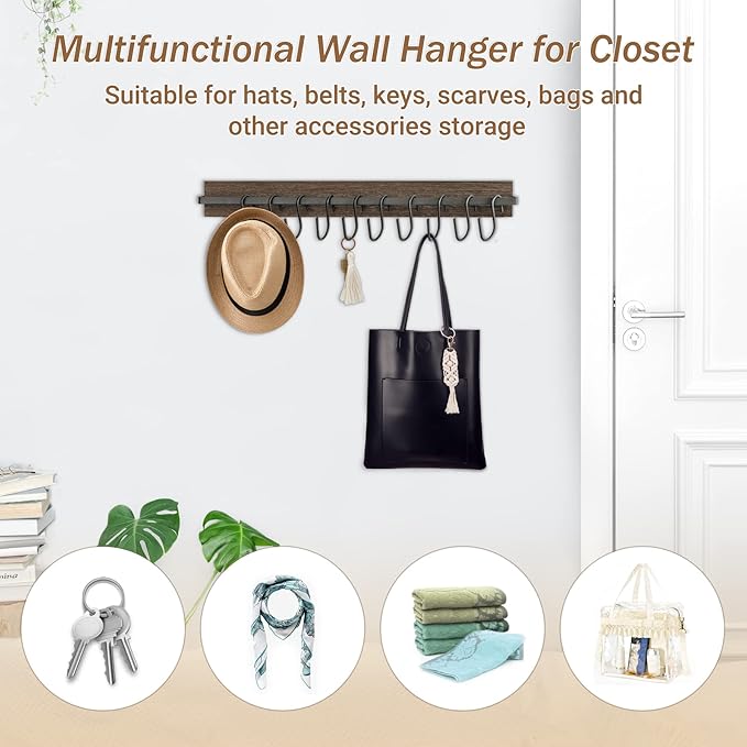 Mkono Hat Rack for Wall Wooden Baseball Caps Organizer with 20 Hooks Rustic Cowboy Hanger Mounted Hats Display Closet Bedroom